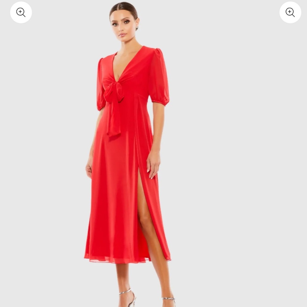 Mac Duggal Red Midi Dress with Tie Front and Puff Sleeves